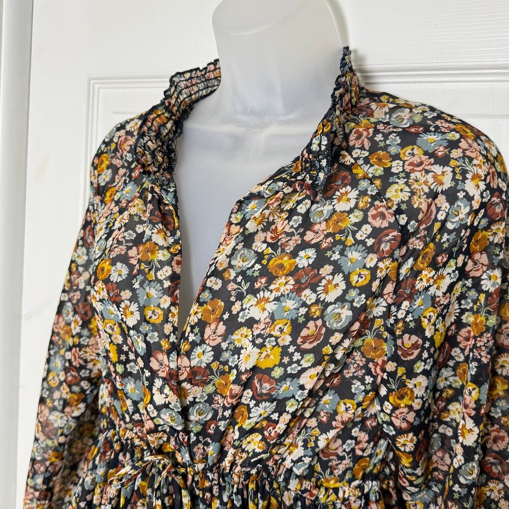 Zara Floral Chiffon Mini Dress Drawstring Waist Tiered Boho Long Sleeve - Picture 6 of 10